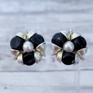 Vintage Clip On Earrings Large Chunky Statement -  Faux Pearl, Black